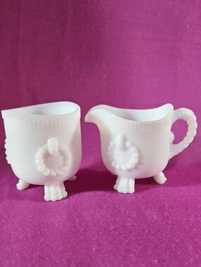 Ring of Fure Imperial Milk Glass Footed Creamer Sugar Rope Pattern VTG Set of 2
